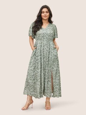 BLOOMCHIC 22/24Bloom Dress - Flutter Sleeve Ditsy Floral Pocket Split Maxi Dress